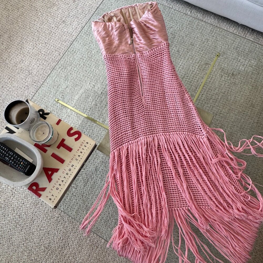 Alejandra Alonso Rojas Draped Bustier Crochet Fringe Maxi Dress Rose NWT - Picture 3 of 9